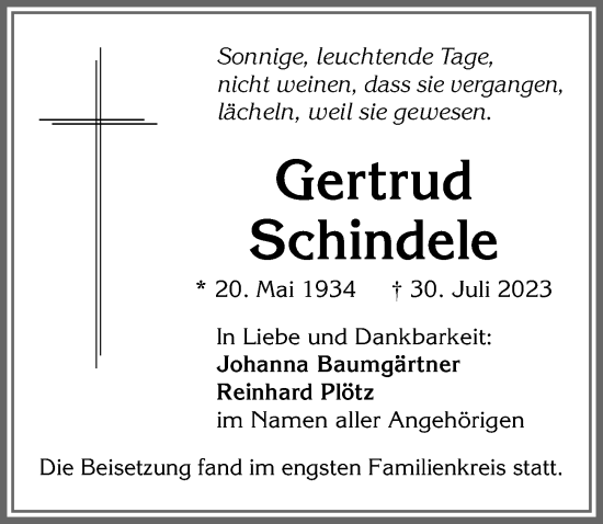 Traueranzeige von Gertrud Schindele von Allgäuer Zeitung,Kempten
