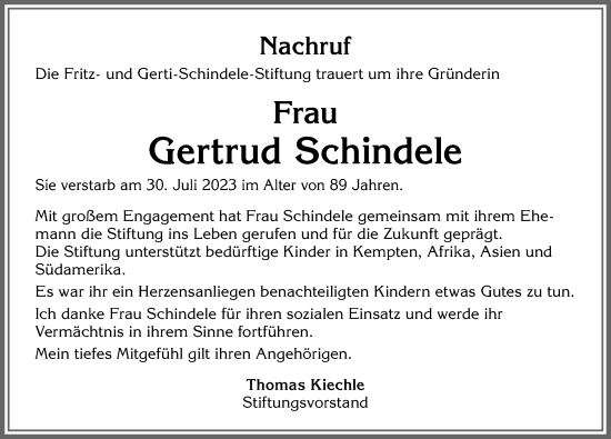Traueranzeige von Gertrud Schindele von Allgäuer Zeitung,Kempten
