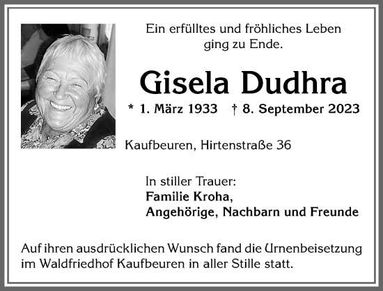Traueranzeige von Gisela Dudhra von Allgäuer Zeitung, Kaufbeuren/Buchloe