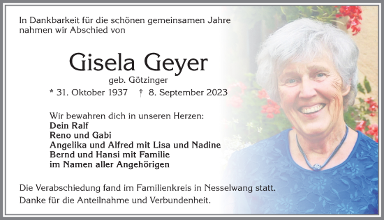 Traueranzeige von Gisela Geyer von Allgäuer Zeitung, Füssen