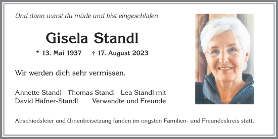 Traueranzeige von Gisela Standl von Allgäuer Zeitung, Füssen