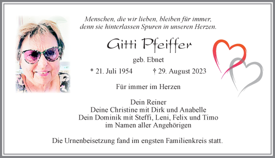 Traueranzeige von Gitti Pfeiffer von Allgäuer Zeitung, Marktoberdorf