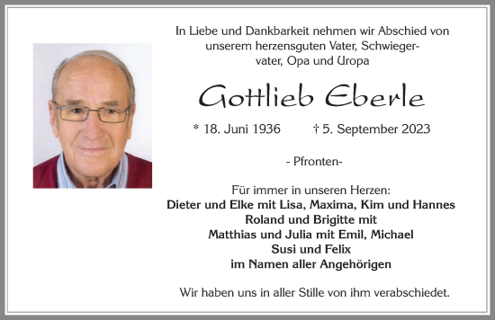 Traueranzeige von Gottlieb Eberle von Allgäuer Zeitung, Füssen