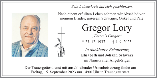 Traueranzeige von Gregor Lory von Allgäuer Zeitung, Füssen