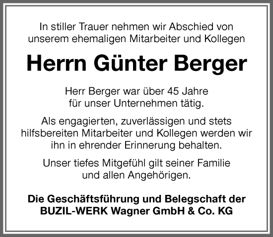 Traueranzeige von Günter Berger von Memminger Zeitung