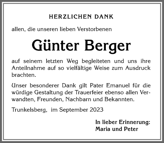 Traueranzeige von Günter Berger von Memminger Zeitung