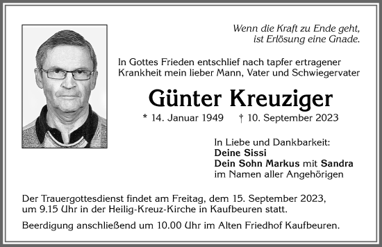 Traueranzeige von Günter Kreuziger von Allgäuer Zeitung, Kaufbeuren/Buchloe