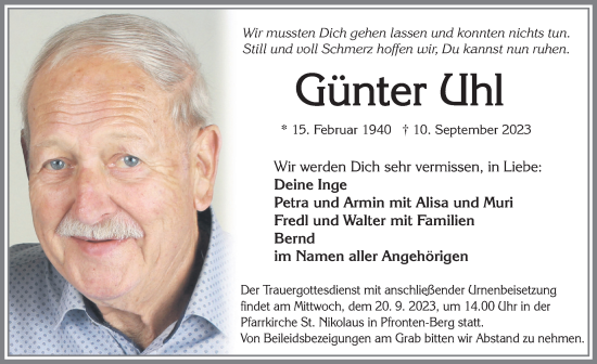 Traueranzeige von Günter Uhl von Allgäuer Zeitung, Füssen