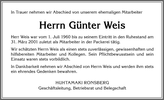 Traueranzeige von Günter Weis von Allgäuer Zeitung, Marktoberdorf