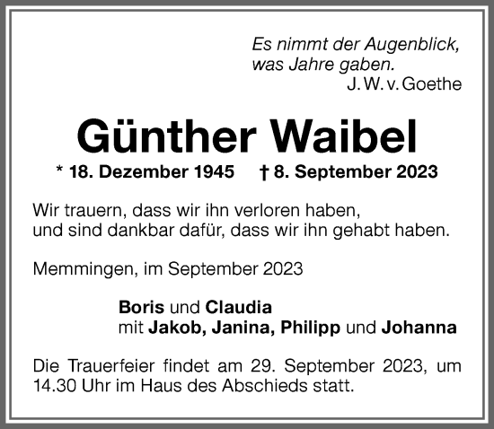 Traueranzeige von Günther Waibel von Memminger Zeitung