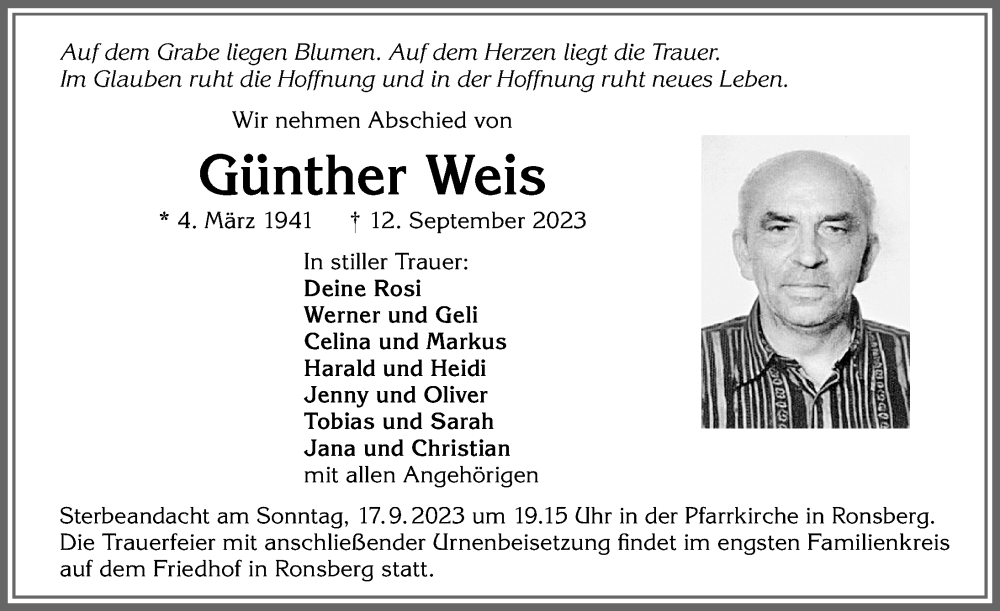  Traueranzeige für Günther Weis vom 16.09.2023 aus Allgäuer Zeitung, Marktoberdorf