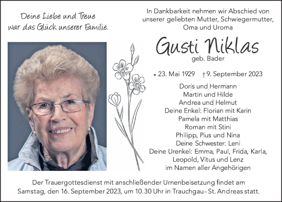 Traueranzeige von Gusti Niklas von Allgäuer Zeitung, Füssen