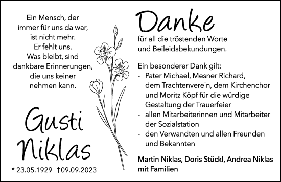 Traueranzeige von Gusti Niklas von Allgäuer Zeitung, Füssen