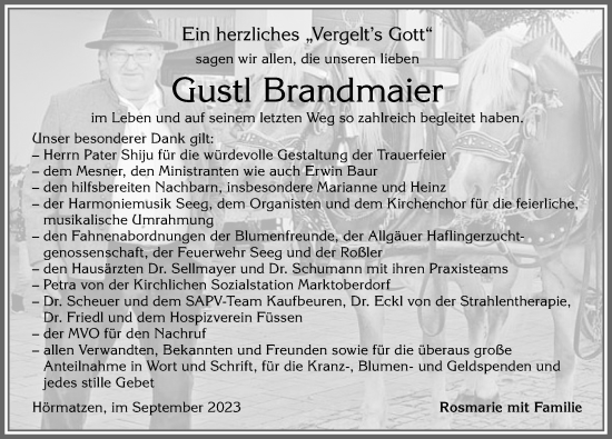 Traueranzeige von Gustl Brandmaier von Allgäuer Zeitung, Marktoberdorf