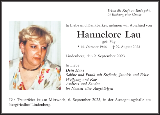 Traueranzeige von Hannelore Lau von Der Westallgäuer