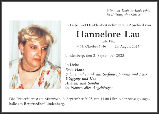 Traueranzeige von Hannelore Lau von Der Westallgäuer
