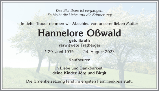 Traueranzeige von Hannelore Oßwald von Allgäuer Zeitung, Kaufbeuren/Buchloe