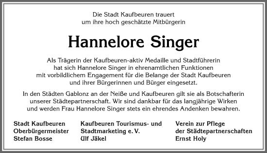 Traueranzeige von Hannelore Singer von Allgäuer Zeitung, Kaufbeuren/Buchloe