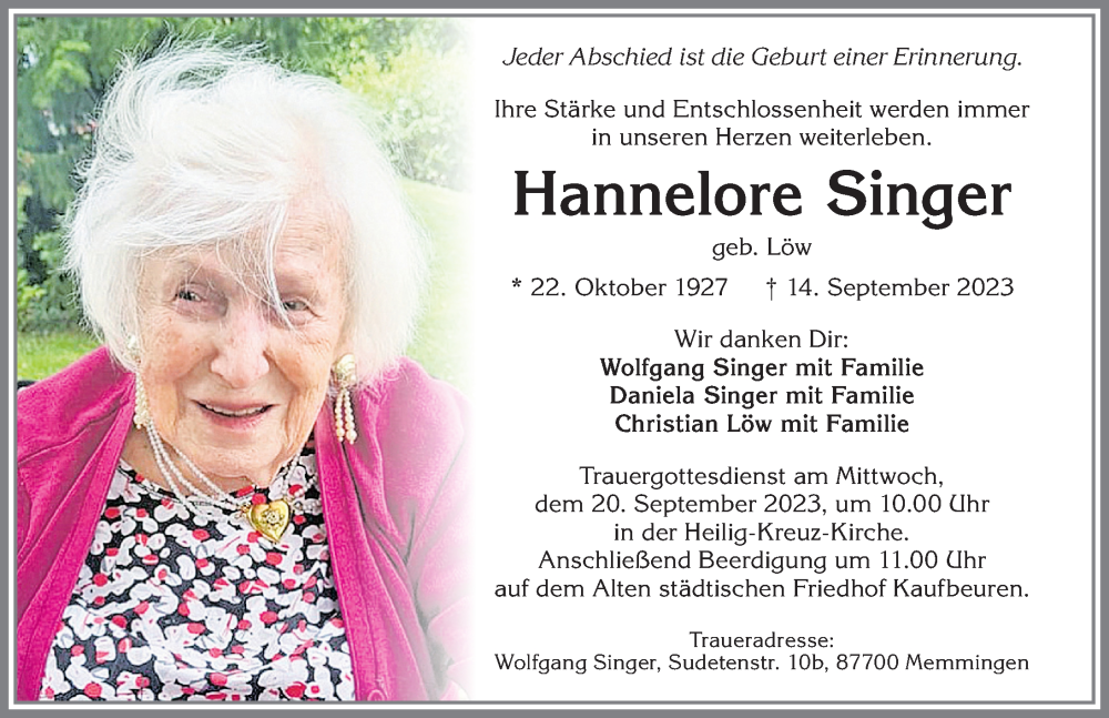 Traueranzeige für Hannelore Singer vom 16.09.2023 aus Allgäuer Zeitung, Kaufbeuren/Buchloe