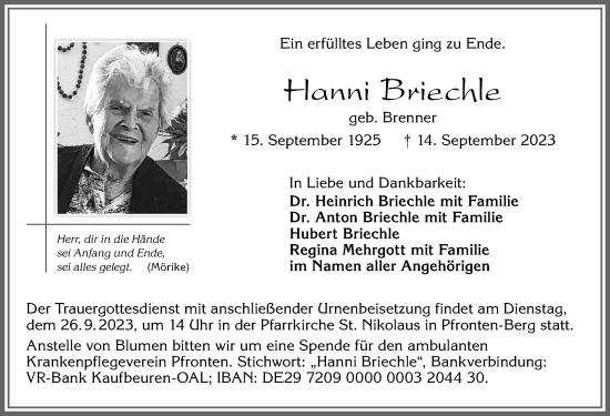 Traueranzeige von Hanni Briechle von Allgäuer Zeitung, Füssen