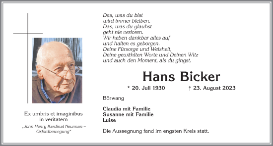 Traueranzeige von Hans Bicker von Allgäuer Zeitung,Kempten