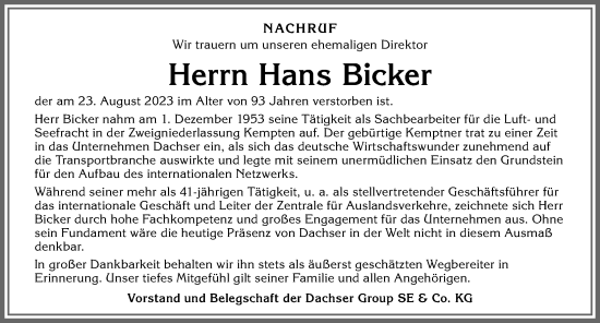 Traueranzeige von Hans Bicker von Allgäuer Zeitung,Kempten