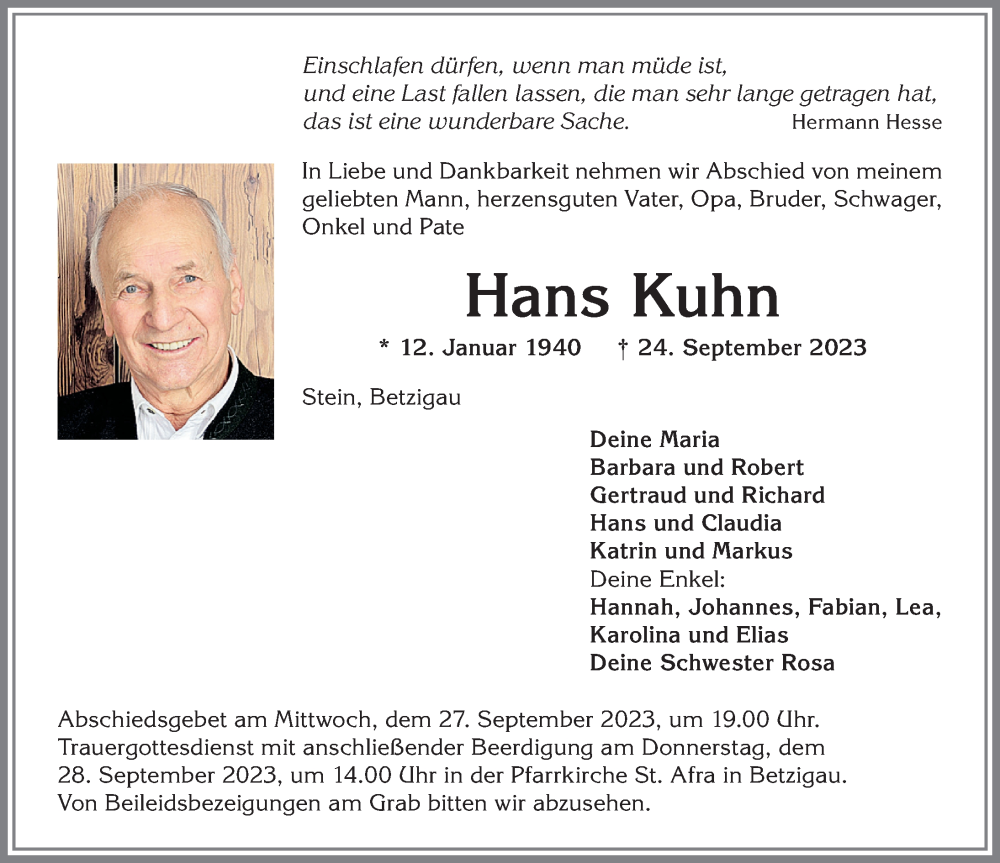  Traueranzeige für Hans Kuhn vom 26.09.2023 aus Allgäuer Zeitung,Kempten