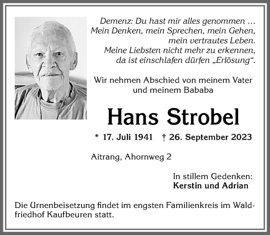 Traueranzeige von Hans Strobel von Allgäuer Zeitung, Marktoberdorf