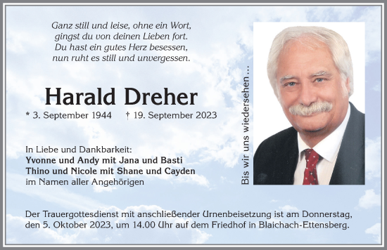 Traueranzeige von Harald Dreher von Allgäuer Anzeigeblatt