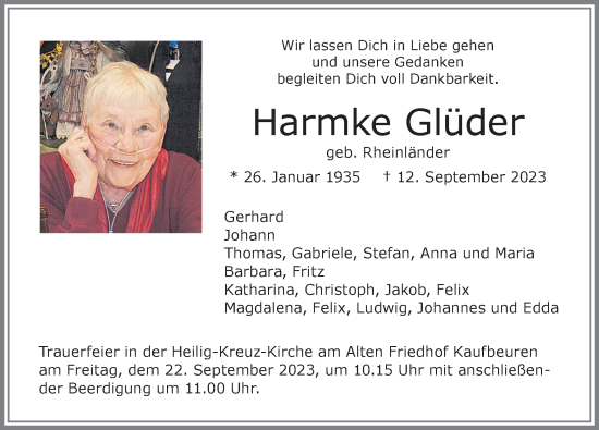 Traueranzeige von Harmke Glüder von Allgäuer Zeitung, Kaufbeuren/Buchloe