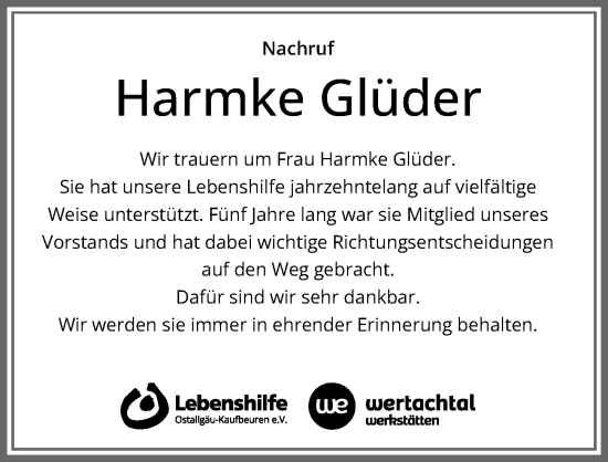Traueranzeige von Harmke Glüder von Allgäuer Zeitung, Marktoberdorf