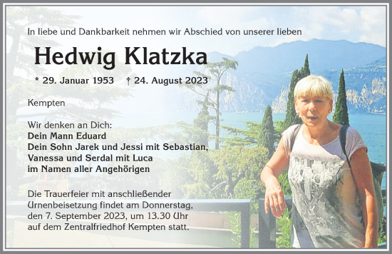 Traueranzeige von Hedwig Klatzka von Allgäuer Zeitung,Kempten
