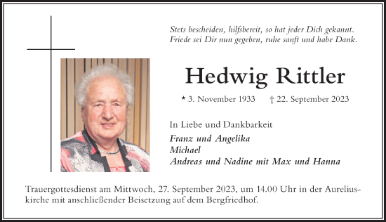 Traueranzeige von Hedwig Rittler von Der Westallgäuer