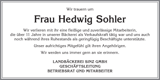 Traueranzeige von Hedwig Sohler von Allgäuer Zeitung, Füssen