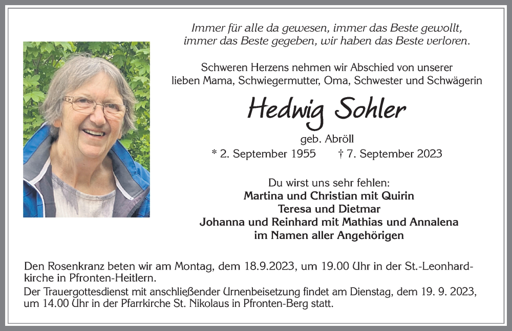  Traueranzeige für Hedwig Sohler vom 15.09.2023 aus Allgäuer Zeitung, Füssen