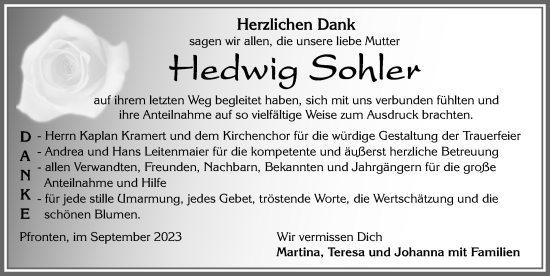 Traueranzeige von Hedwig Sohler von Allgäuer Zeitung, Füssen