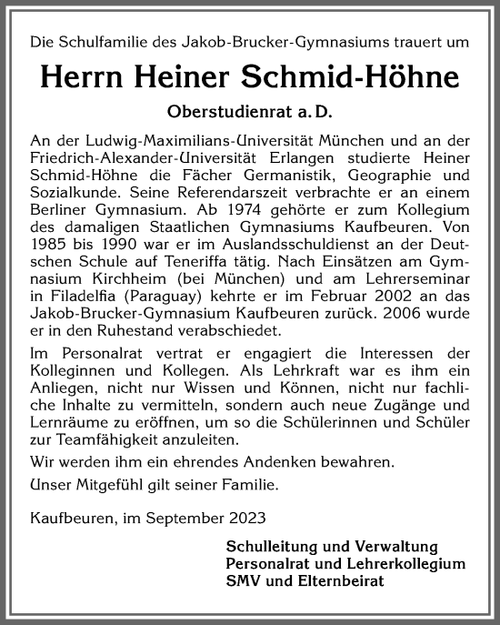 Traueranzeige von Heiner Schmid-Höhne von Allgäuer Zeitung, Kaufbeuren/Buchloe