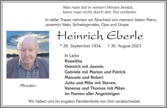 Traueranzeige von Heinrich Eberle von Allgäuer Zeitung, Füssen