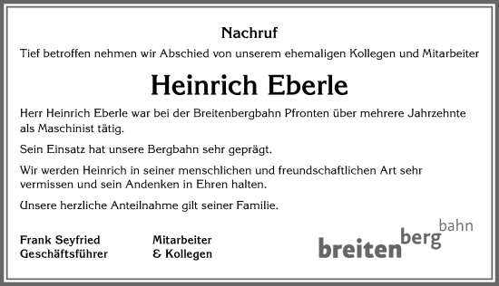 Traueranzeige von Heinrich Eberle von Allgäuer Zeitung, Füssen
