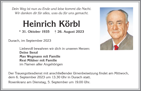 Traueranzeige von Heinrich Körbl von Allgäuer Zeitung,Kempten