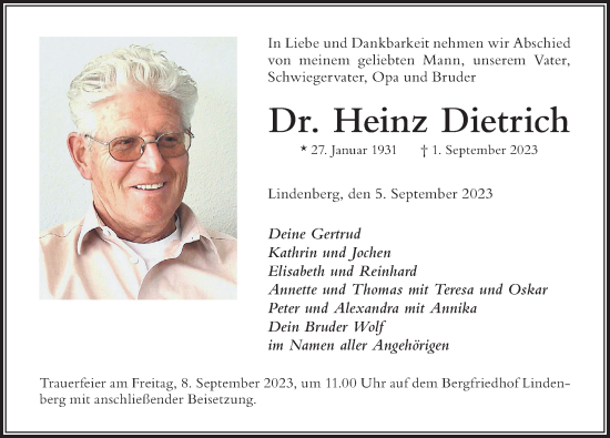 Traueranzeige von Heinz Dietrich von Der Westallgäuer