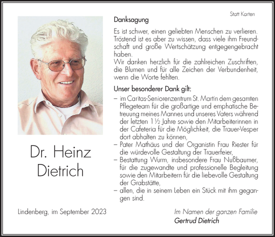 Traueranzeige von Heinz Dietrich von Der Westallgäuer