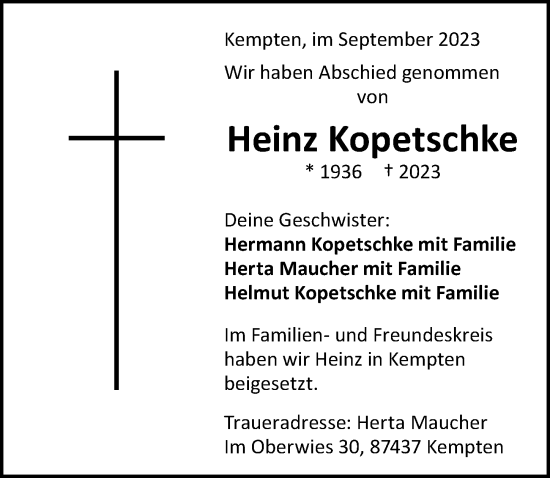 Traueranzeige von Heinz Kopetschke von Allgäuer Zeitung,Kempten