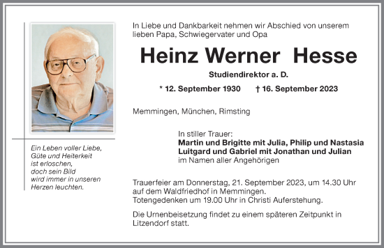 Traueranzeige von Heinz Werner Hesse von Memminger Zeitung