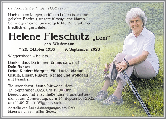 Traueranzeige von Helene Fleschutz von Allgäuer Zeitung,Kempten