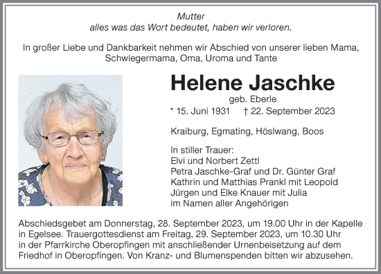 Traueranzeige von Helene Jaschke von Memminger Zeitung
