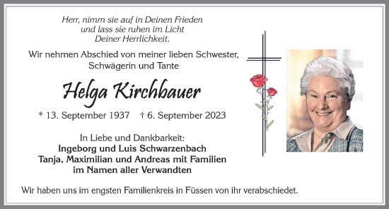 Traueranzeige von Helga Kirchbauer von Allgäuer Zeitung, Füssen