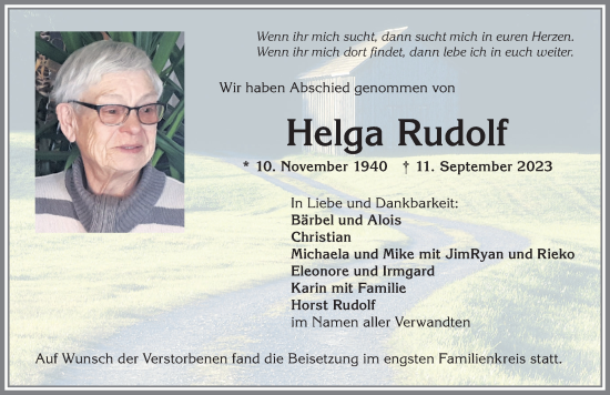 Traueranzeige von Helga Rudolf von Allgäuer Anzeigeblatt