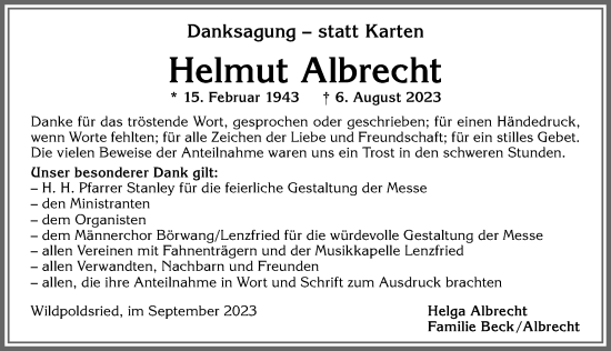 Traueranzeige von Helmut Albrecht von Allgäuer Zeitung,Kempten