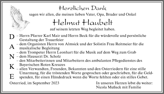 Traueranzeige von Helmut Haubelt von Allgäuer Zeitung, Marktoberdorf